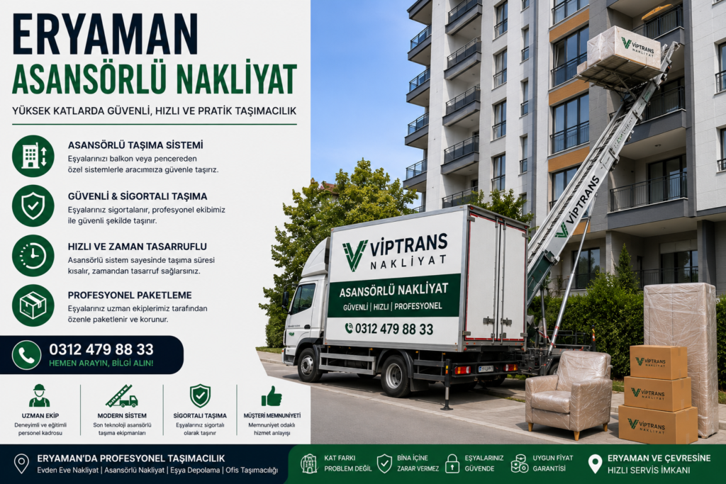 Viptrans Nakliyat ile Eryaman asansörlü nakliyat hizmetleri, yüksek katlı sitelerde güvenli ve hızlı taşımacılık çözümleri.